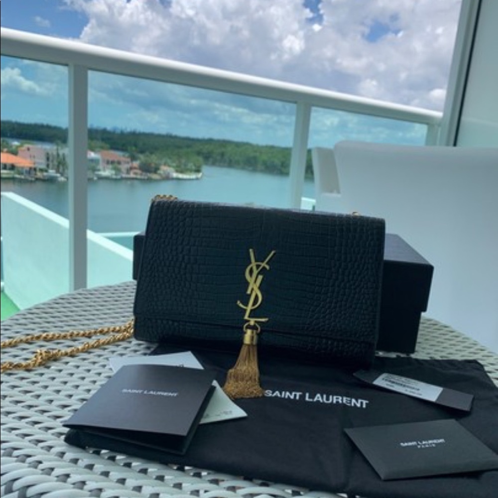 SAINT LAURENT Crocodile Embossed Medium Kate Tassel Bag
